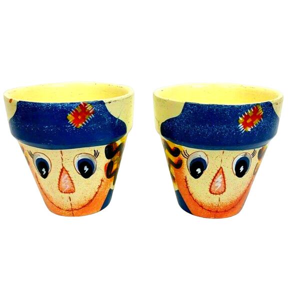 Terra Cotta Painted Fall Planters Scarecrow Autumn Flower Container Small Vases - Picture 1 of 9